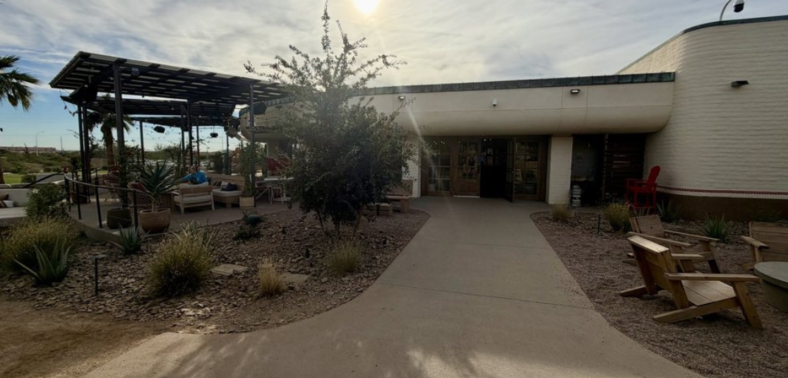 Completed concrete walkway and entrance area at Grass Clippings Rolling Hills restaurant venue Arizona